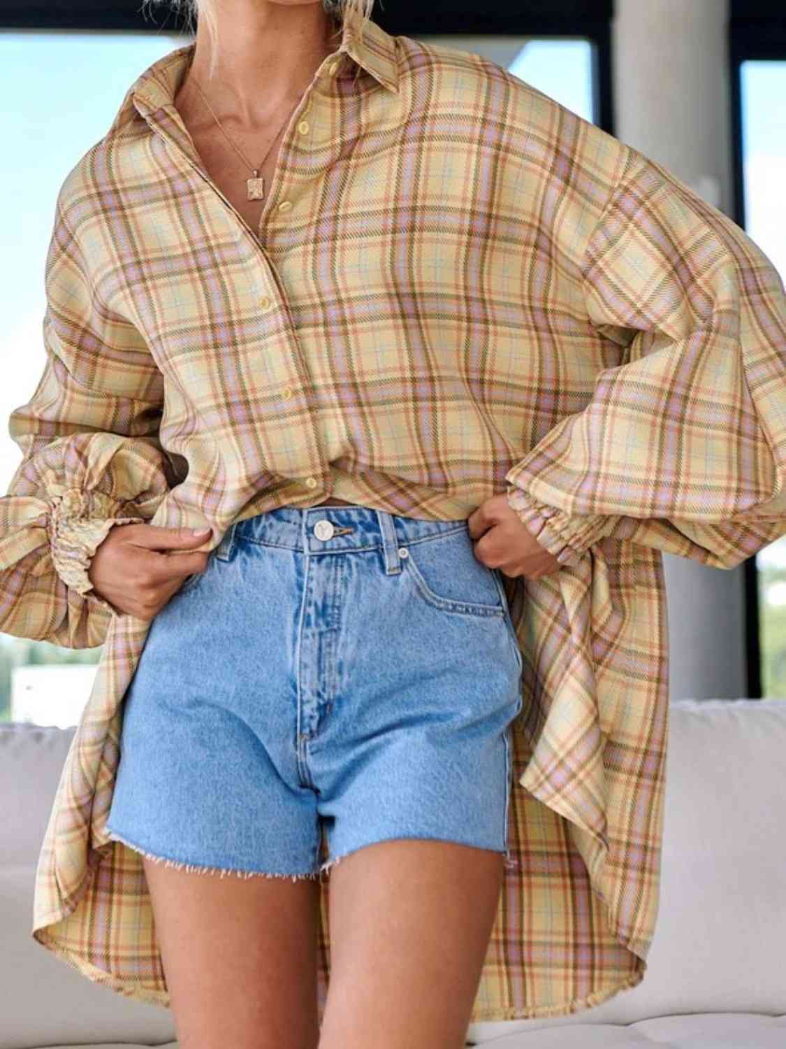 swvws Plaid Lantern Sleeve Shirt