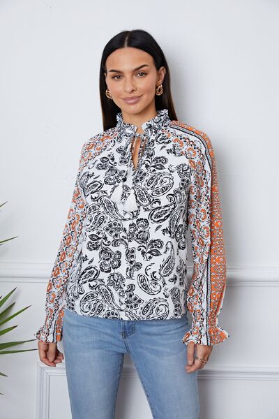 swvws Tassel Tie Neck Printed Smocked Long Sleeve Blouse