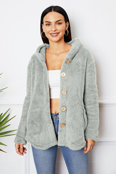 swvws Fuzzy Button Up Hooded Outerwear