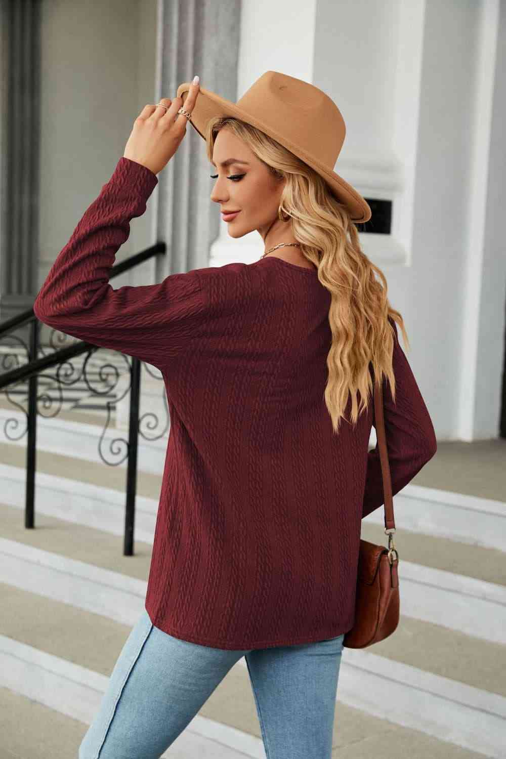 swvws Decorative Button V-Neck Long Sleeve T-Shirt