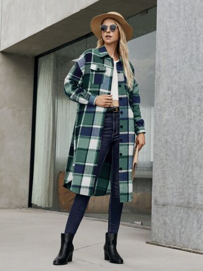 swvws Plaid Pocketed Button Up Trench Coat