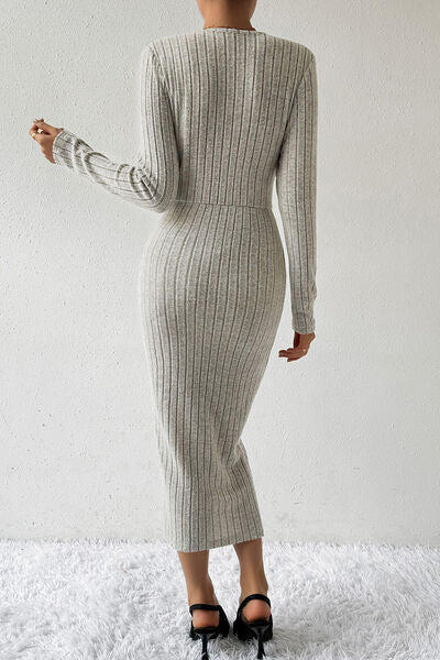 swvws Ribbed Surplice Long Sleeve Midi Dress