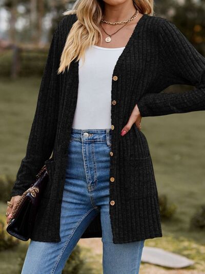 swvws Ribbed Button Up Long Sleeve Cardigan