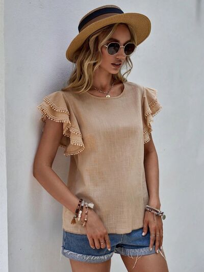 swvws Ruffled Cap Sleeve Round Neck Blouse