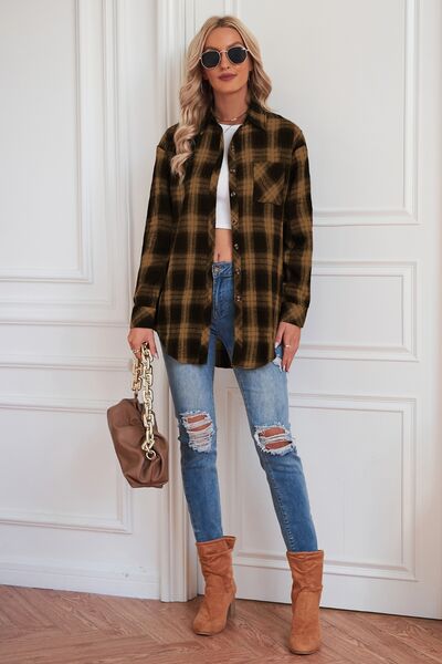 swvws Plaid Button Up Dropped Shoulder Outerwear