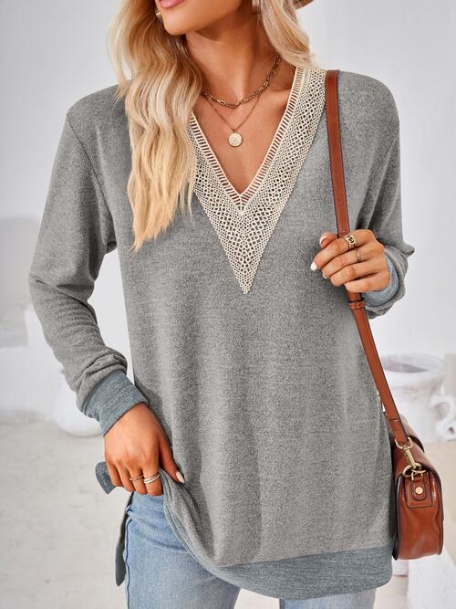 swvws Crochet Contrast V-Neck Long Sleeve Slit T-Shirt