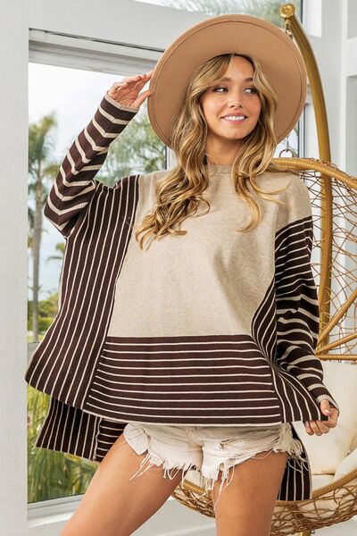 swvws BiBi Striped Contrast Long Sleeve Slit Top