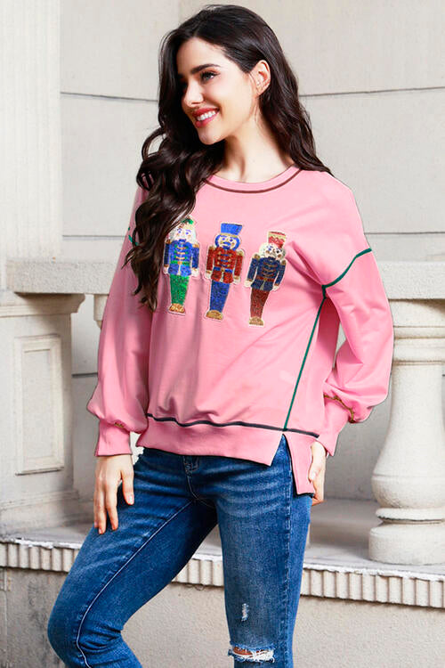 swvws Sequin Nutcracker Round Neck Slit Sweatshirt