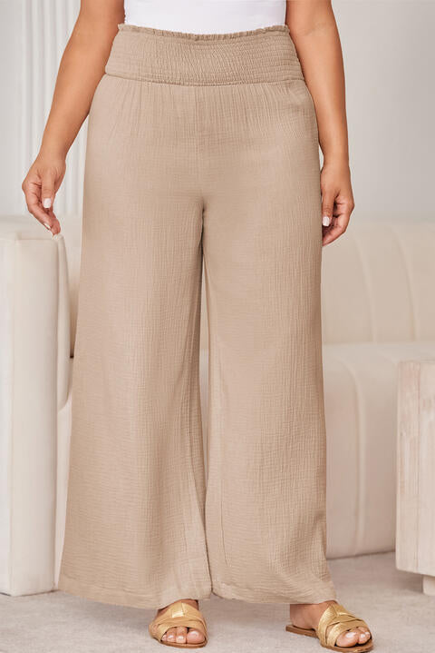 swvws Plus Size Smocked Waist Wide Leg Pants