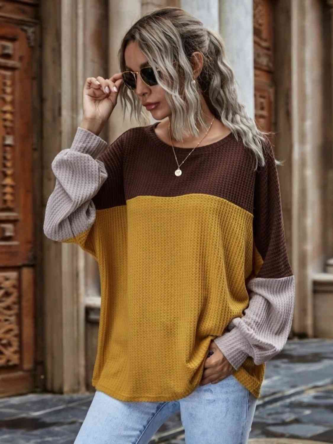 swvws Color Block Waffle-Knit Long Sleeve Top