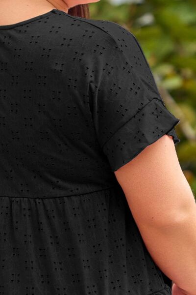 swvws Plus Size Eyelet Round Neck Short Sleeve Blouse