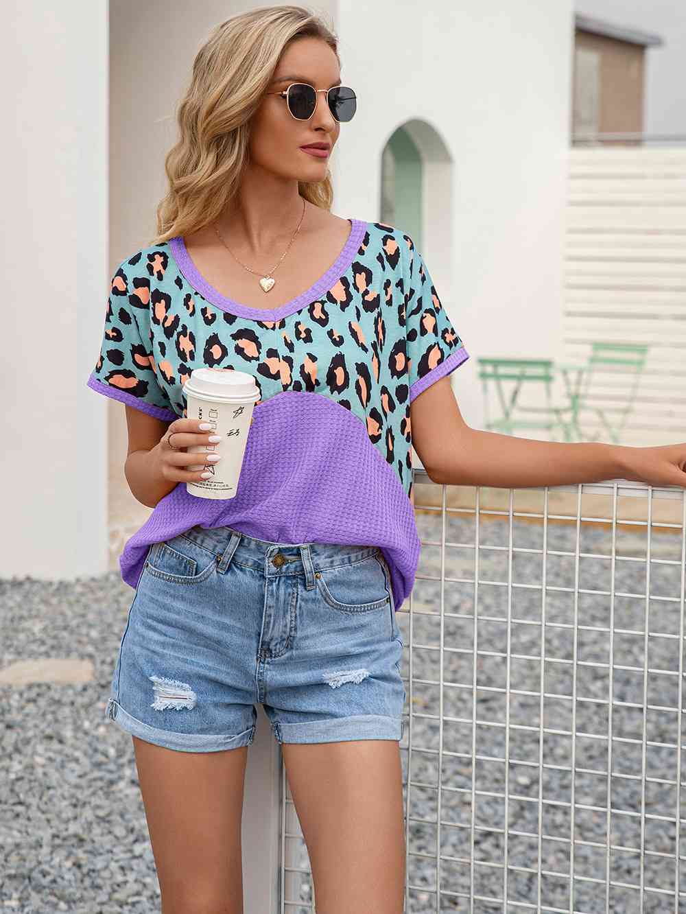 swvws Leopard Waffle-Knit Short Sleeve Top