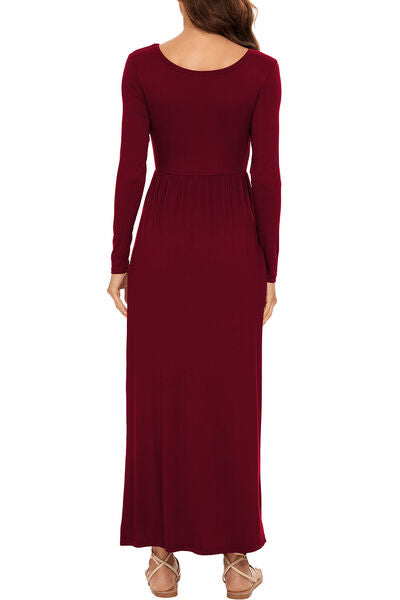 swvws Round Neck Long Sleeve Pocketed Maxi Dress