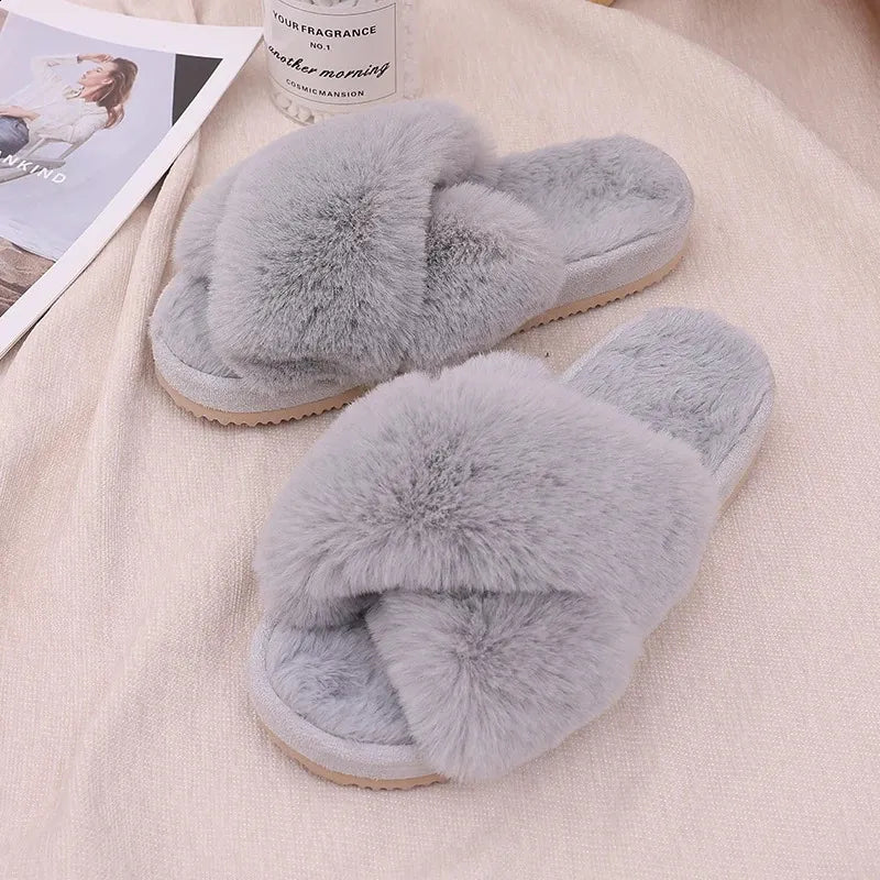 Winter Womens Fuzzy Slippers Warm Fluffy Indoor House Shoes Outdoor Antiskid Slippers Fashion Soft Open Toe Bedroom Slippers 240830