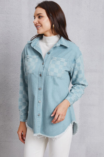 swvws Raw Hem Checkered Dropped Shoulder Denim Jacket