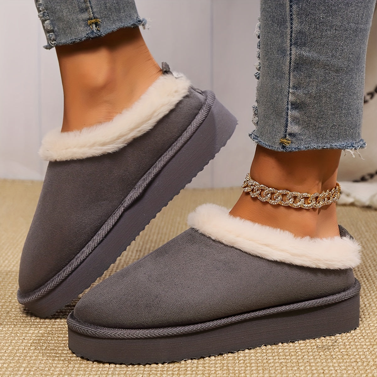 Women's Plush Lined Warm Slippers, Comfortable Winter Snow Shoes, Closed Toe Slip On Backless Indoor Outdoor Slippers