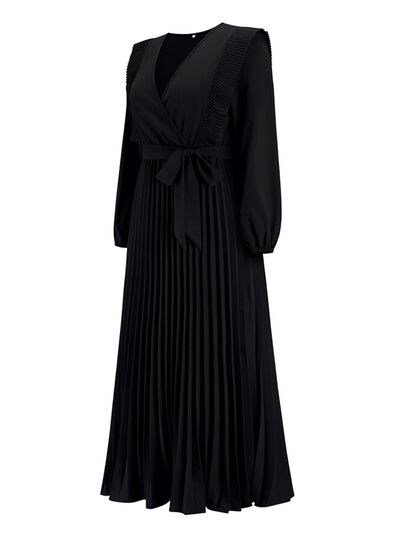 swvws Pleated Surplice Tie Waist Maxi Dress