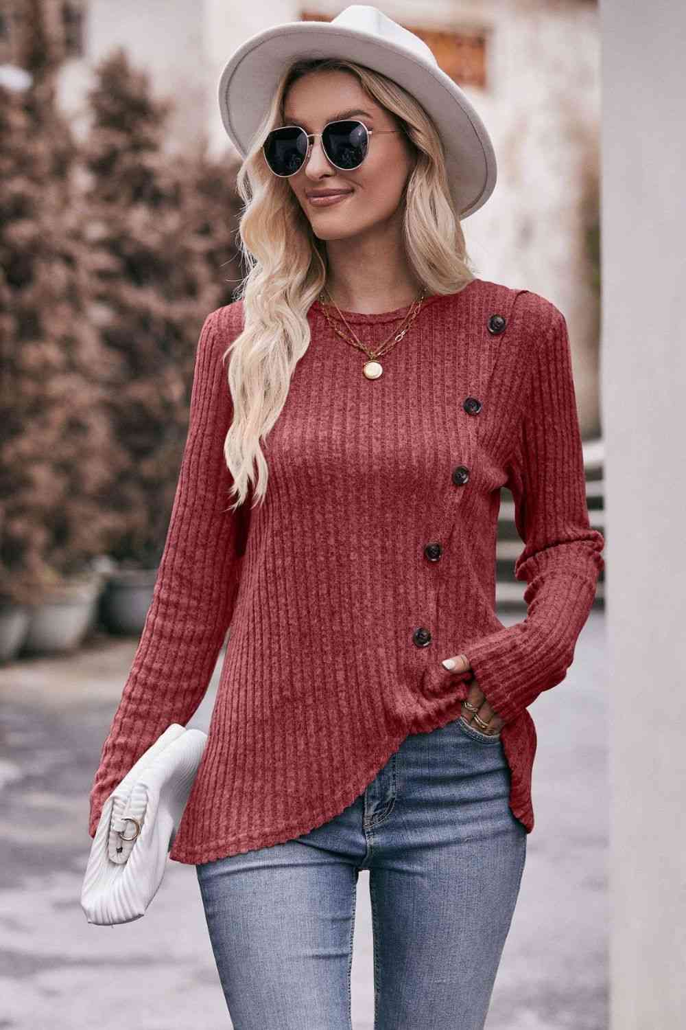 swvws Double Take Ribbed Round Neck Buttoned Long Sleeve Tee