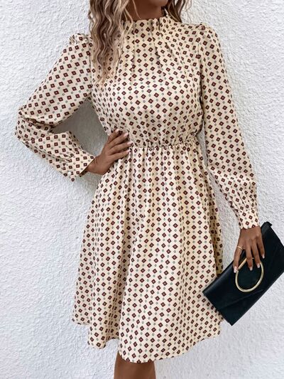 swvws Printed Ruched Mock Neck Long Sleeve Dress