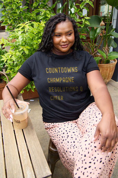 swvws Simply Love Full Size COUNTDOWNS CHAMPAGNE RESOLUTIONS & CHEER Round Neck T-shirt