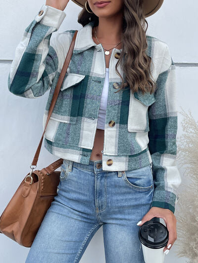 swvws Plaid Button Up Drop Shoulder Cropped Jacket