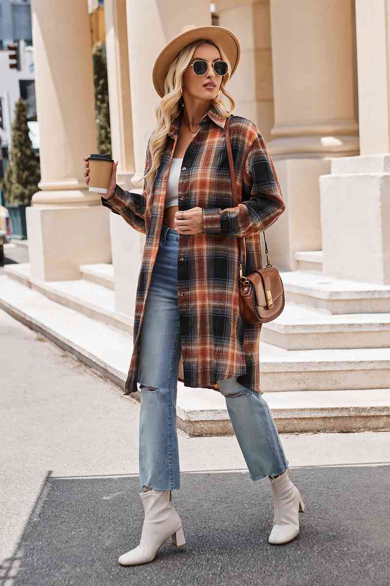 swvws Plaid Collared Neck Long Sleeve Coat