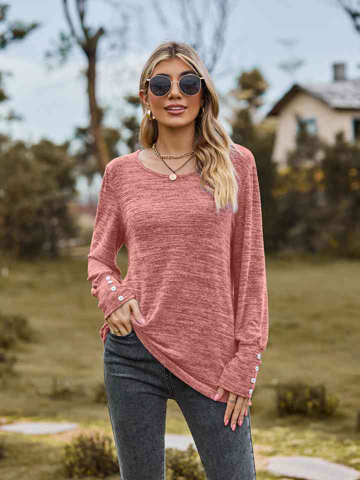 swvws Round Neck Long Sleeve Buttoned T-Shirt