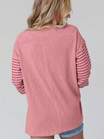 swvws Round Neck Striped Long Sleeve Slit T-Shirt