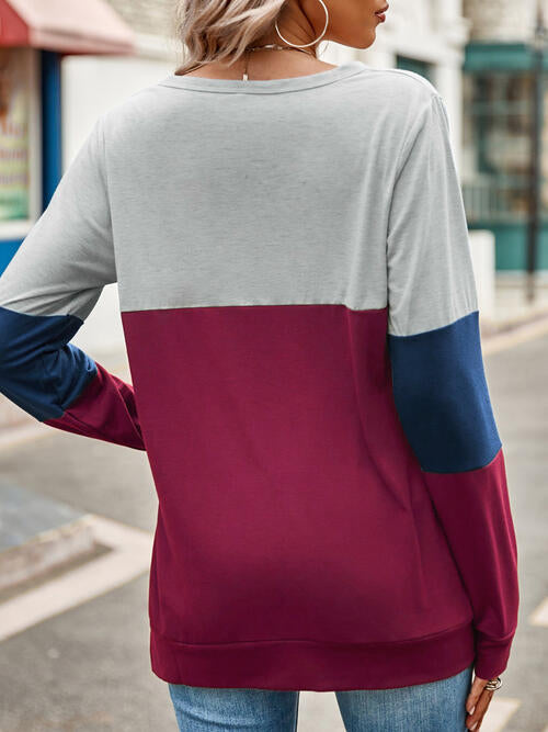 swvws Color Block Cutout Round Neck Long Sleeve T-Shirt