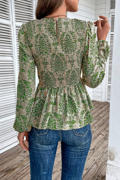 swvws Smocked Printed Balloon Sleeve Blouse