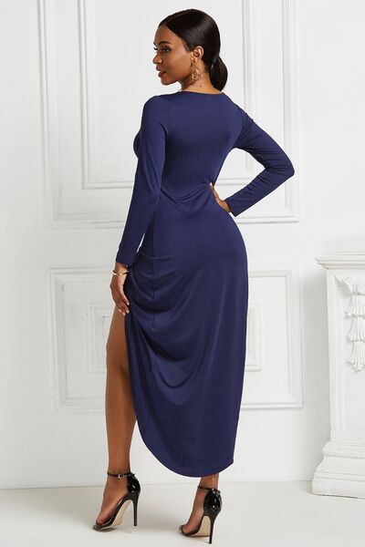 swvws High-low Ruched Surplice Long Sleeve Dress