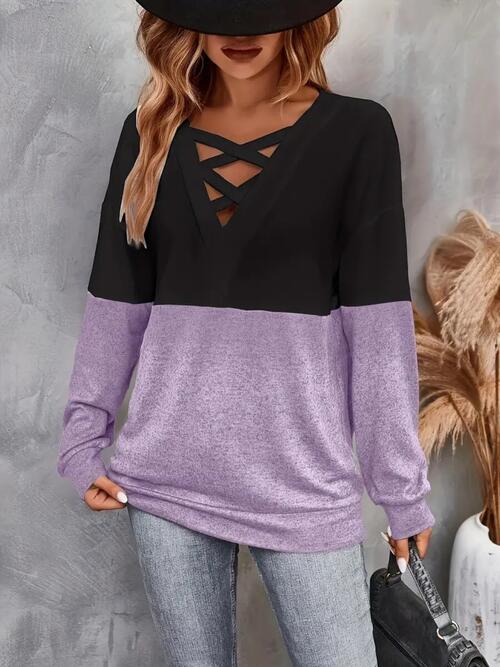 swvws Contrast Crisscross V-Neck Long Sleeve Top