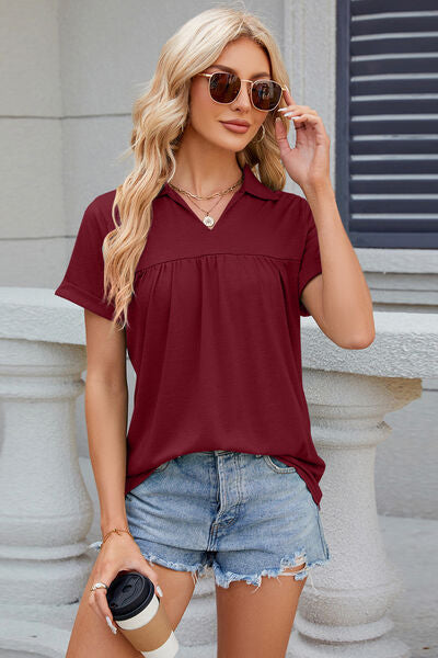 swvws Ruched Johnny Collar Short Sleeve Blouse