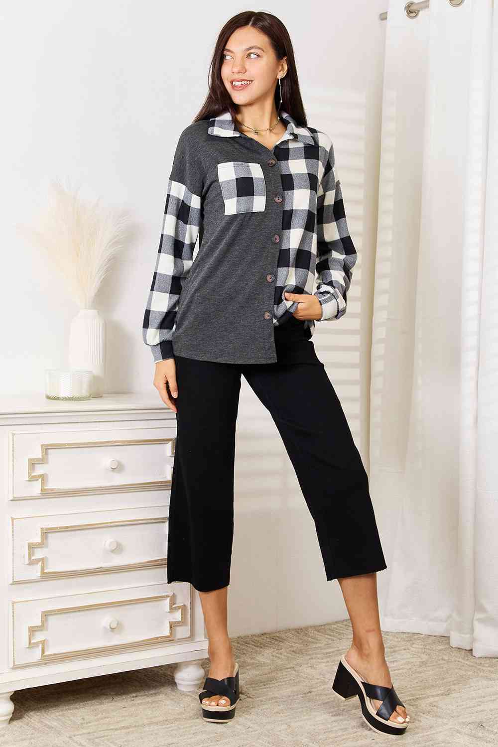 swvws Heimish Solid Plaid Contrast Shacket