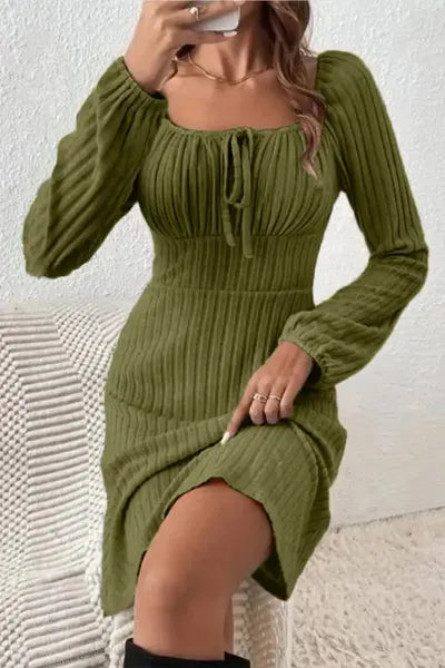 swvws Ribbed Tied Square Neck Long Sleeve Mini Dress