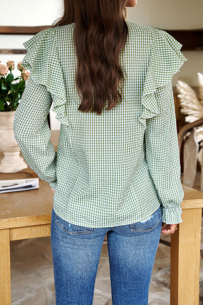 swvws Plaid Notched Flounce Sleeve Shirt