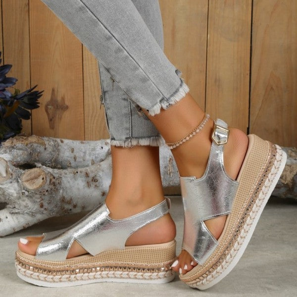 swvws - Gold Casual Hollowed Out Patchwork Fish Mouth Out Door Wedges Shoes (Heel Height 1.97in)