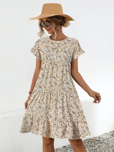 swvws Frill Floral Round Neck Short Sleeve Tiered Dress