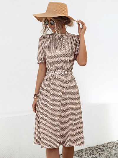 swvws Printed Mock Neck Flounce Sleeve Dress