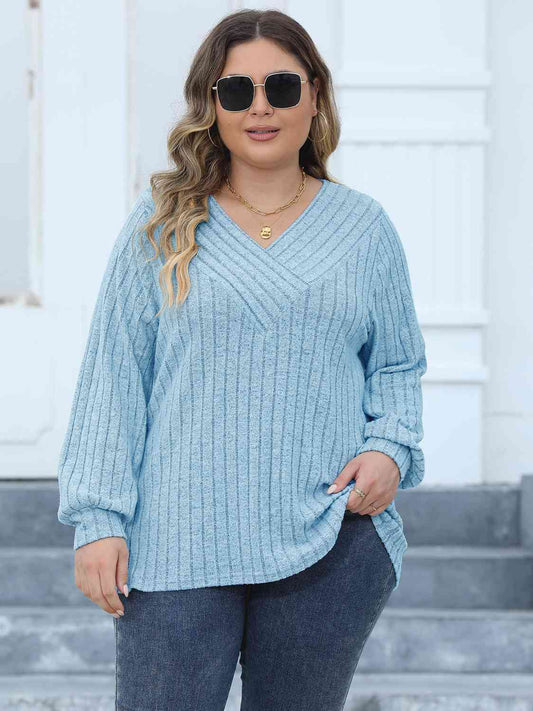 swvws Plus Size Ribbed V-Neck Long Sleeve Top