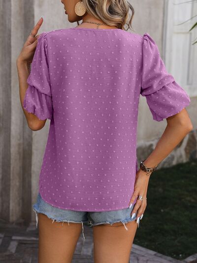 swvws Swiss Dot V-Neck Short Sleeve Blouse