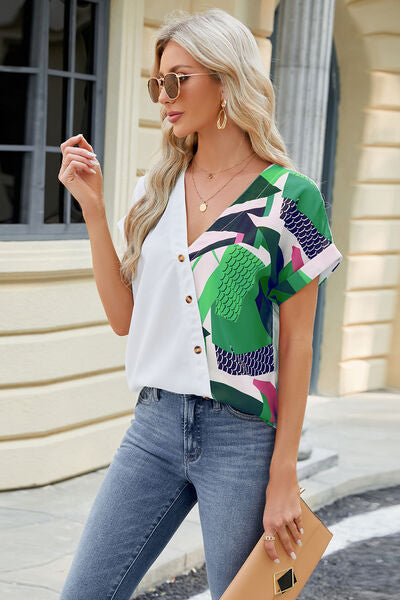 swvws Printed Surplice Short Sleeve Blouse