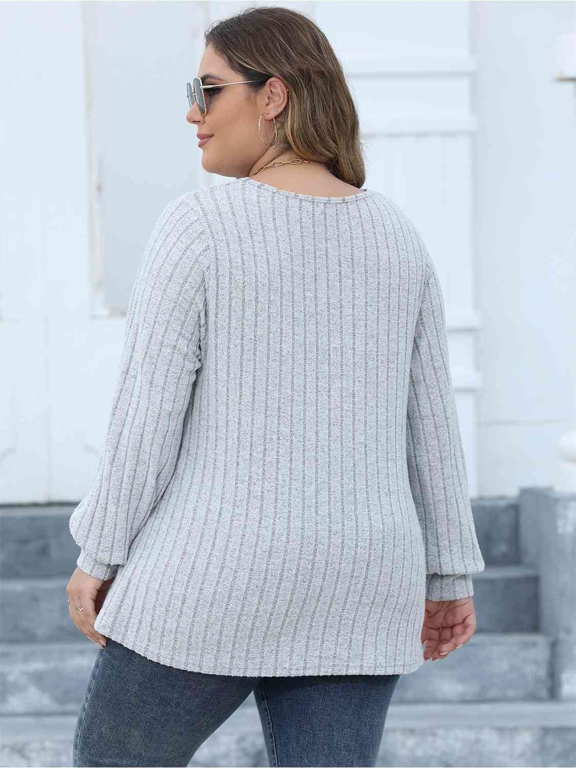 swvws Plus Size Ribbed V-Neck Long Sleeve Top