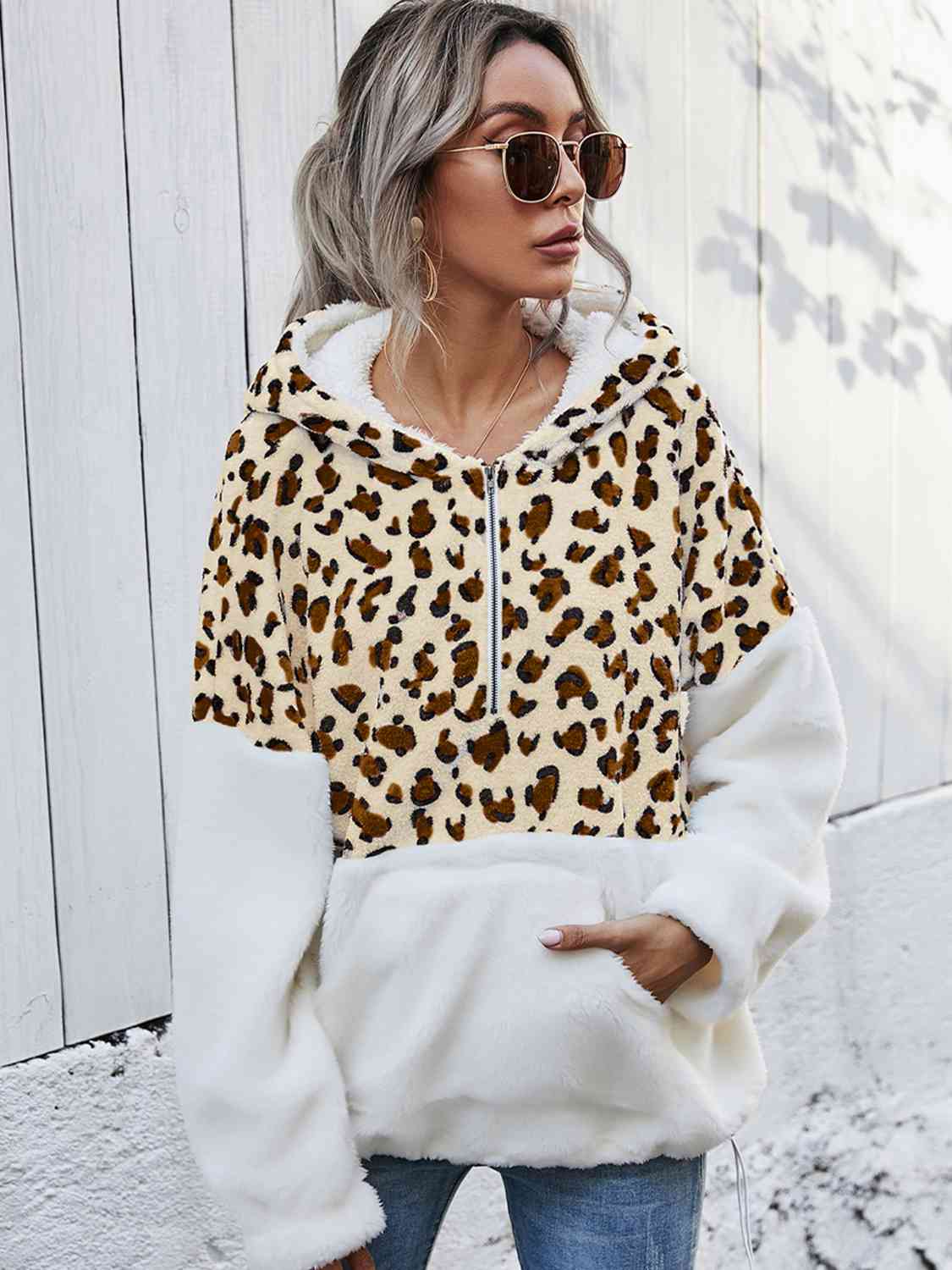 swvws Leopard Half-Zip Dropped Shoulder Hoodie