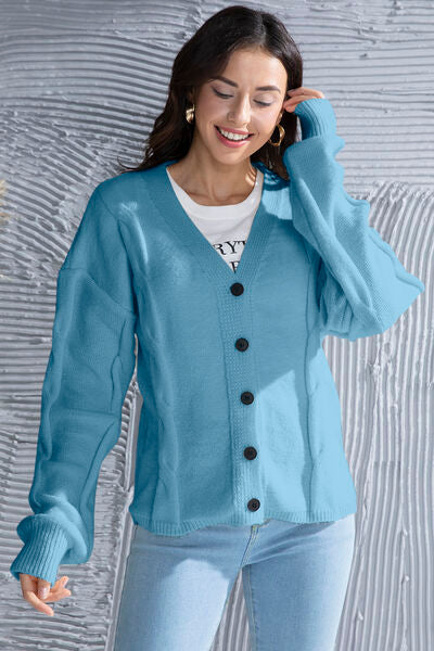 swvws Button Up V-Neck Drop Shoulder Long Sleeve Cardigan