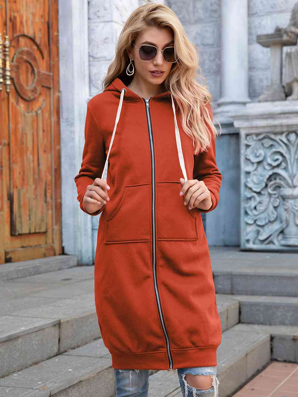 swvws Zip-Up Longline Hoodie with Pockets