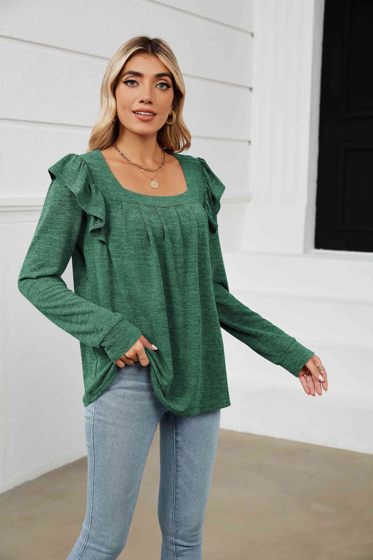 swvws Square Neck Ruffle Shoulder Long Sleeve T-Shirt