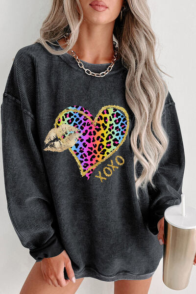 swvws XOXO Leopard Round Neck Sweatshirt