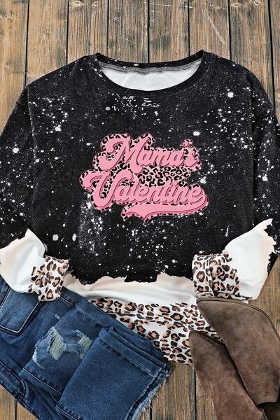 swvws MAMA'S VALENTINE Leopard Round Neck Sweatshirt