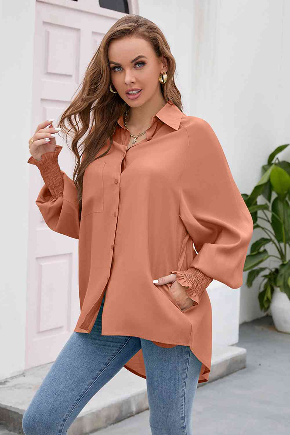 swvws High-Low Collared Neck Lantern Sleeve Shirt